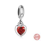925 Sterling Silver Heart Red Zircon Charm S033-1 VNISTAR Silver Dangle Charms