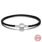 Black Leather 925 Silver Bracelets SA013 VNISTAR 925 Silver Charms